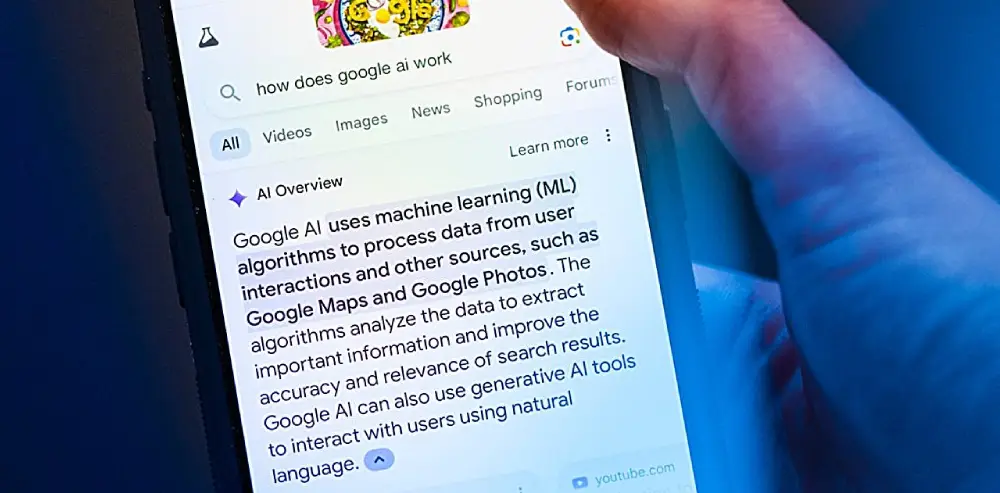 interface de téléphone mobile affichant les AI overviews de Google