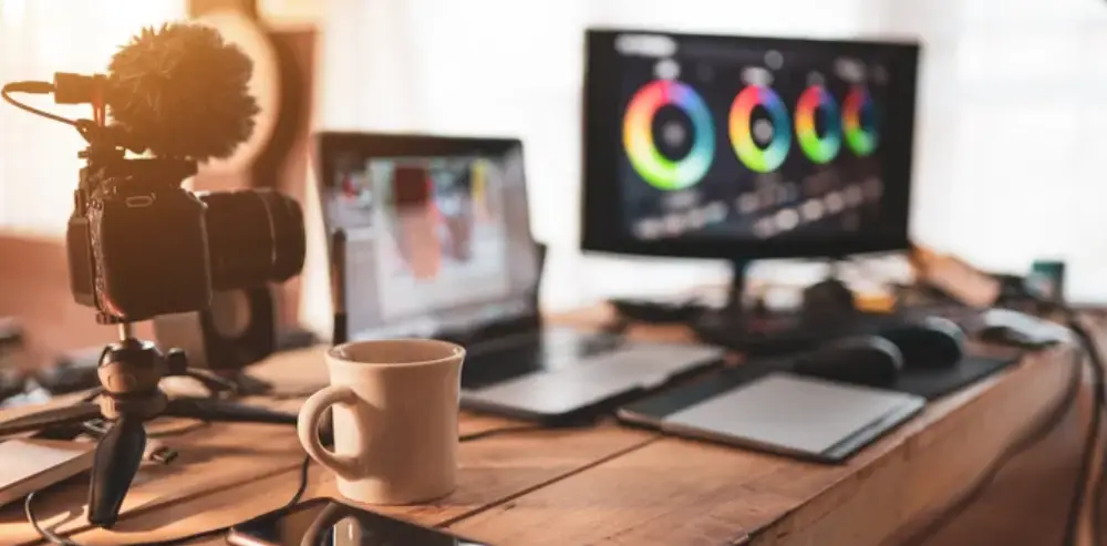 content creation - video editing desk with computers on to start creating content